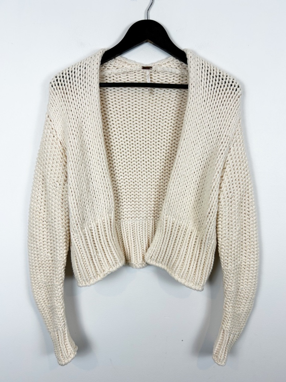 Free People Glow For It Chunky Knit Cardi Cream X-Small Open Front Ribbed Hem